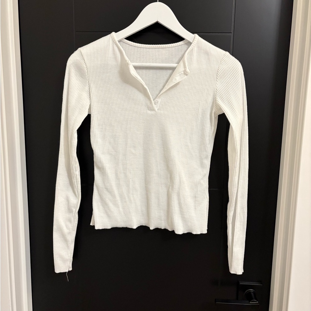 Women's White Ribbed Long Sleeve Top